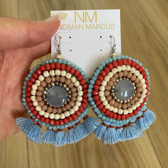 Neiman Marcus Statement Fran Drop Fringe Round Stone Bead Blue Red Cream NWT box - Picture 12 of 15